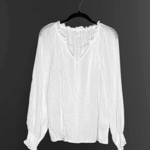 H&M Women’s White V-Neck Spotted Ruffled Long Sleeve Blouse Size 10 - Picture 1 of 6